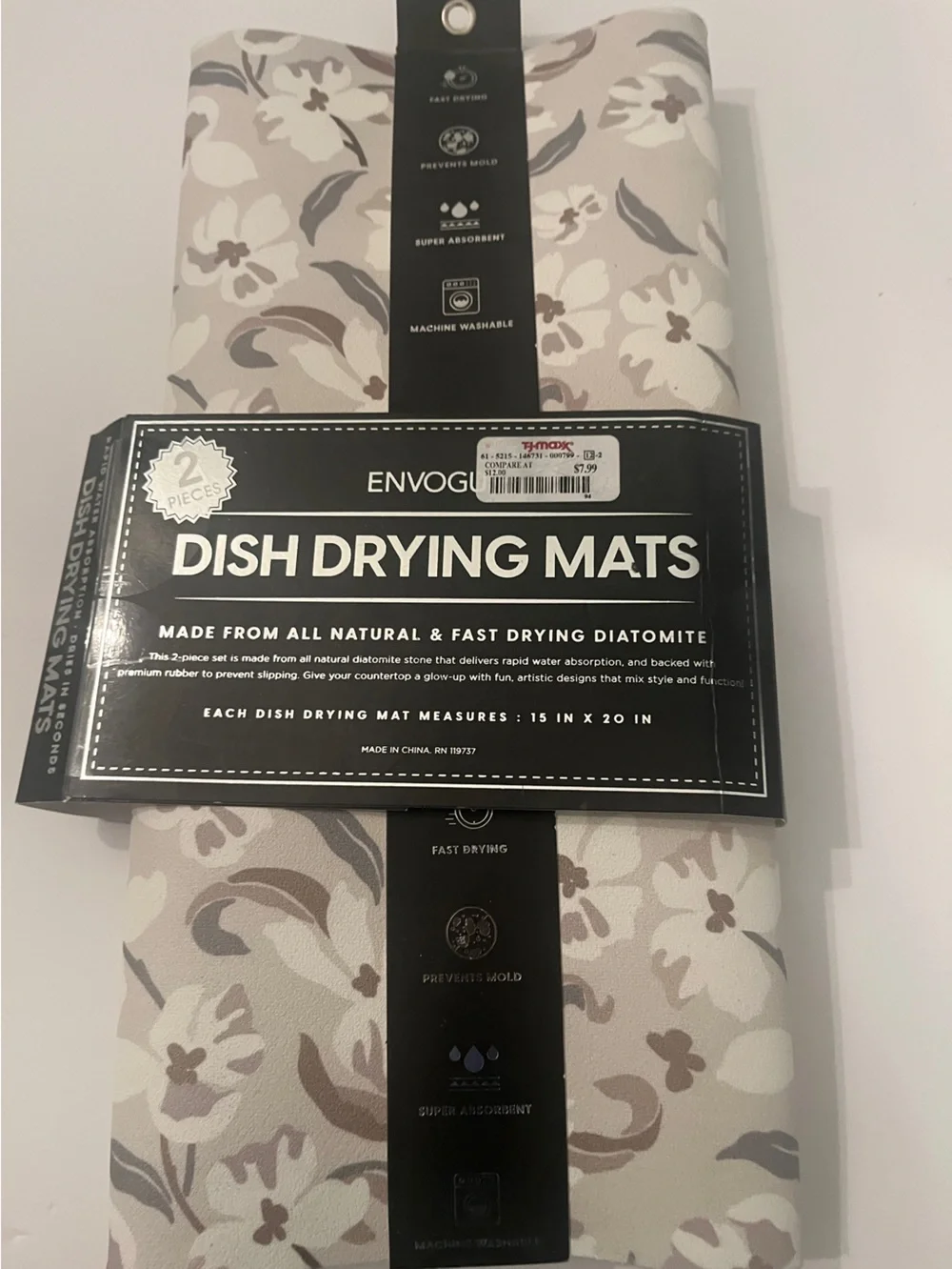 Envogue Set of 2 Floral Dish Drying Mats 15x20 Absorbent Washable